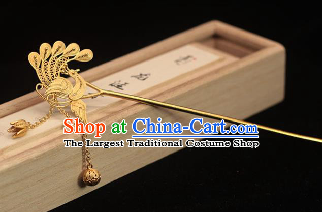 China Ancient Princess Hair Stick Ming Dynasty Golden Phoenix Hairpin Traditional Filigree Hair Accessories