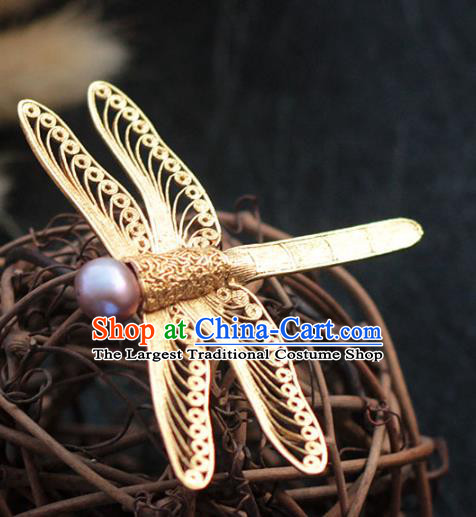 China Ancient Empress Filigree Hair Stick Traditional Hair Accessories Ming Dynasty Golden Dragonfly Hairpin
