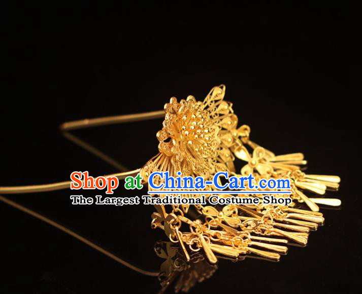 China Ancient Empress Golden Tassel Hairpin Traditional Ming Dynasty Filigree Peony Hair Stick
