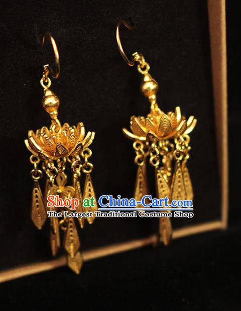 Chinese Ancient Princess Golden Lotus Ear Accessories Traditional Ming Dynasty Court Earrings