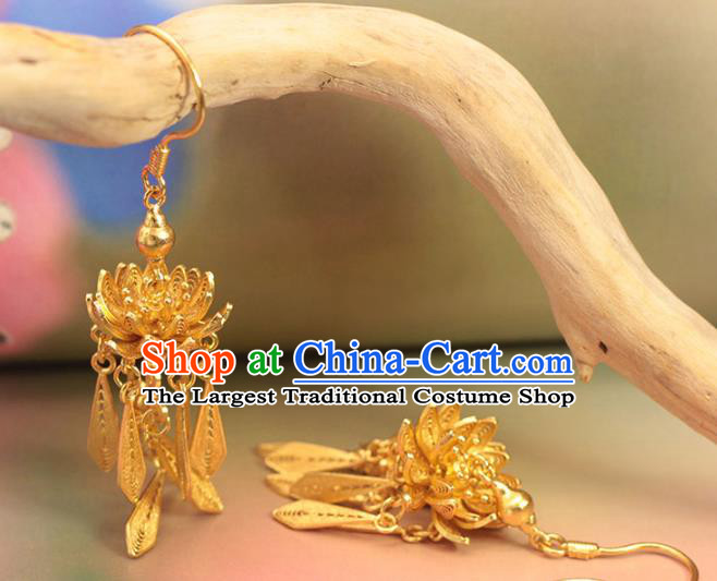 Chinese Ancient Princess Golden Lotus Ear Accessories Traditional Ming Dynasty Court Earrings
