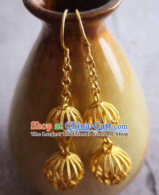 Chinese Ancient Palace Lady Ear Accessories Traditional Ming Dynasty Court Golden Gourd Earrings