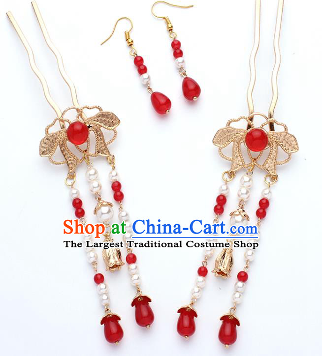 China Ancient Princess Hair Accessories Traditional Hanfu Red Beads Tassel Hairpins