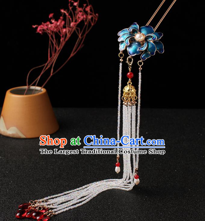 Traditional China Ming Dynasty Blueing Peony Hair Stick Ancient Princess Tassel Hairpin and Hair Crown