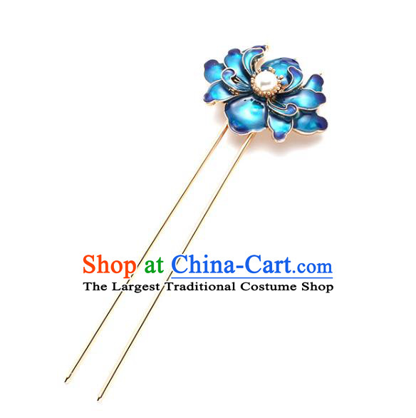 Traditional China Ming Dynasty Blueing Peony Hair Stick Ancient Princess Tassel Hairpin and Hair Crown