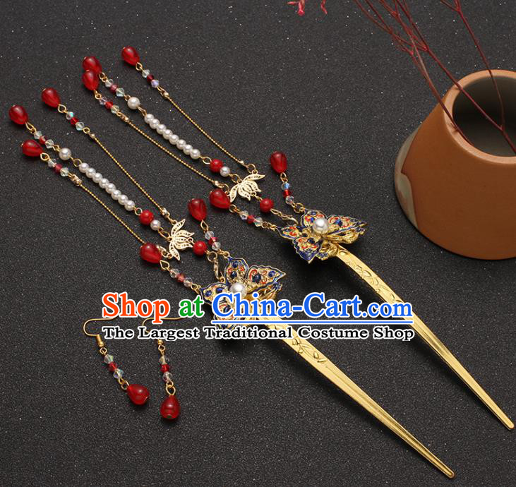 Traditional China Ancient Princess Tassel Hairpin Ming Dynasty Blueing Butterfly Hair Stick