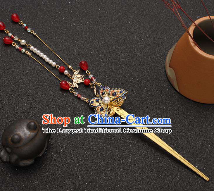 Traditional China Ancient Princess Tassel Hairpin Ming Dynasty Blueing Butterfly Hair Stick