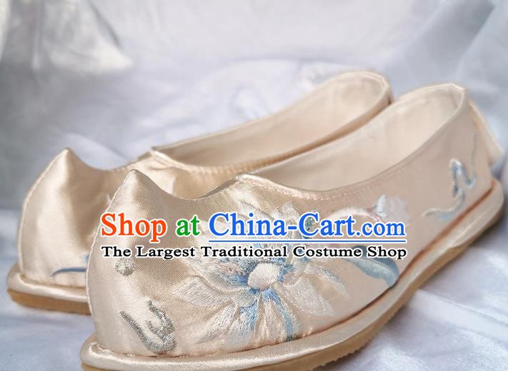 Handmade Chinese Light Golden Satin Bow Shoes Traditional Ming Dynasty Princess Shoes Embroidered Epiphyllum Shoes