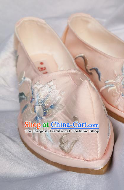 Handmade Chinese Pink Satin Shoes Traditional Ming Dynasty Princess Shoes Embroidered Epiphyllum Bow Shoes