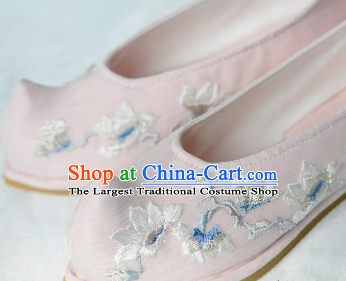 Handmade Chinese Embroidered Mangnolia Shoes Pink Satin Shoes Traditional Hanfu Princess Shoes
