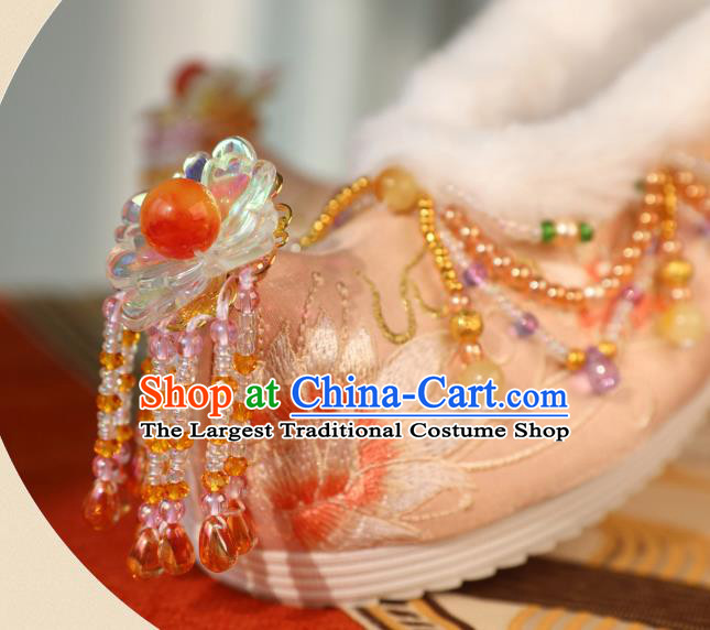 Handmade Chinese Traditional Hanfu Shoes Embroidered Shoes Ancient Princess Beads Tassel Shoes