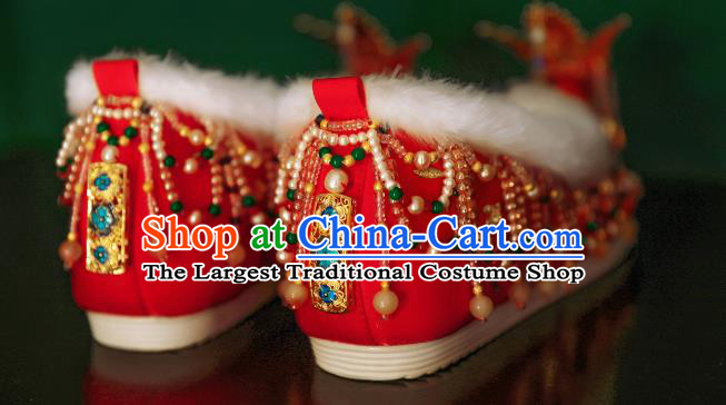 Handmade Chinese Beads Tassel Embroidered Shoes Ancient Princess Shoes Traditional Hanfu Enamel Phoenix Shoes