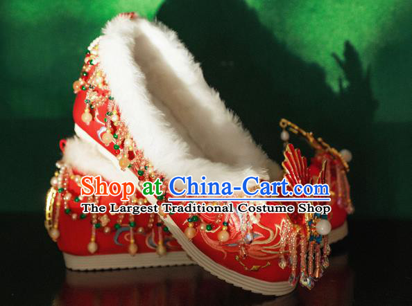 Handmade Chinese Beads Tassel Embroidered Shoes Ancient Princess Shoes Traditional Hanfu Enamel Phoenix Shoes