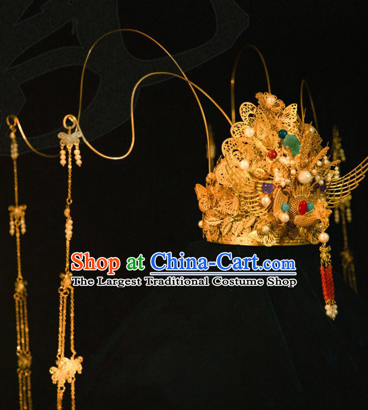 China Ancient Traditional Wedding Hair Accessories Empress Golden Hair Crown Ming Dynasty Phoenix Coronet