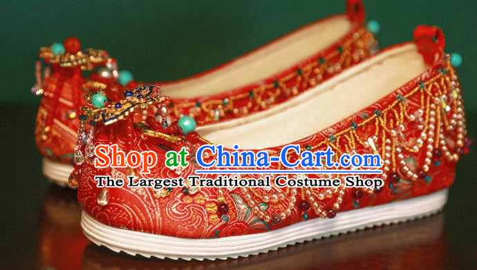 Handmade Chinese Traditional Hanfu Wedding Shoes Red Embroidered Shoes Ancient Princess Satin Shoes