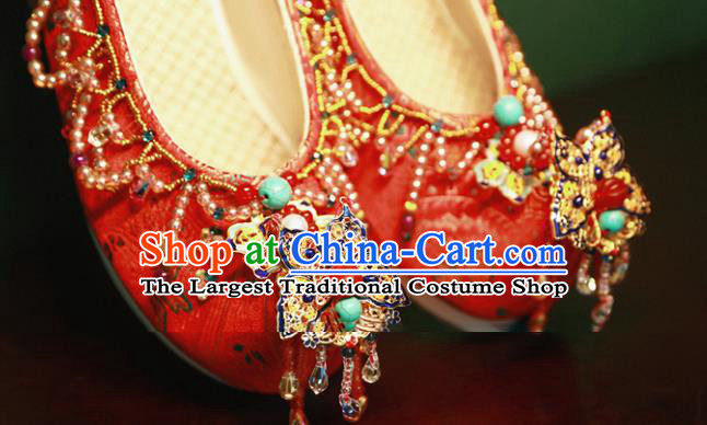 Handmade Chinese Traditional Hanfu Wedding Shoes Red Embroidered Shoes Ancient Princess Satin Shoes