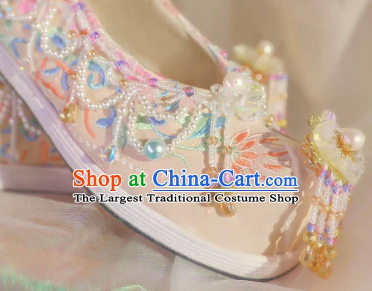 Handmade Chinese Traditional Hanfu Beads Tassel Shoes Ancient Princess Satin Shoes Beige Embroidered Shoes