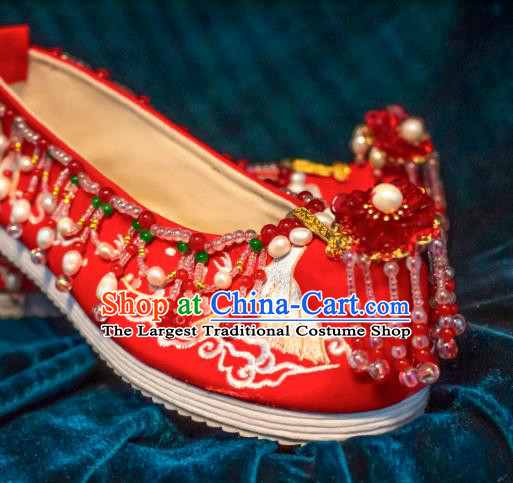 Chinese Bride Shoes Embroidered Shoes Handmade Red Shoes Traditional Red Beads Tassel Wedding Shoes