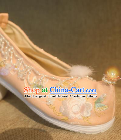 Chinese Champagne Satin Shoes Handmade Beads Tassel Shoes Traditional Embroidered Peony Shoes