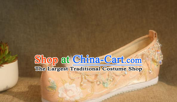 Chinese Champagne Satin Shoes Handmade Beads Tassel Shoes Traditional Embroidered Peony Shoes