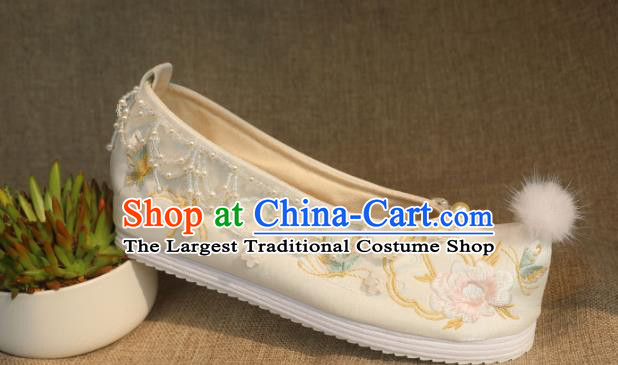 Chinese Beige Satin Shoes Traditional Embroidered Peony Shoes Handmade Beads Tassel Shoes