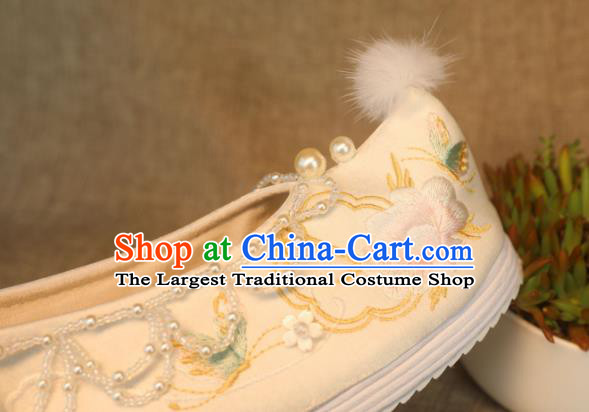 Chinese Beige Satin Shoes Traditional Embroidered Peony Shoes Handmade Beads Tassel Shoes