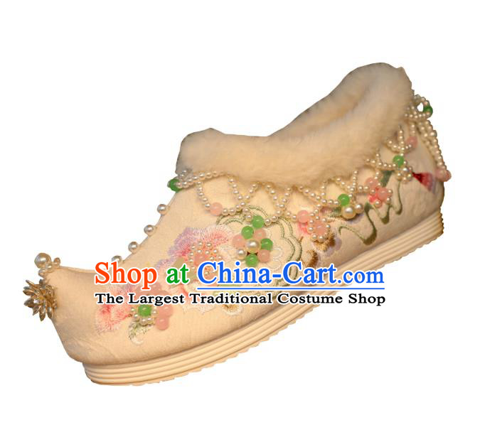 Chinese Handmade Hanfu Winter Shoes Jade Butterfly Shoes Traditional Embroidered Shoes