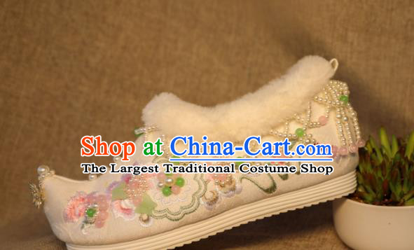 Chinese Handmade Hanfu Winter Shoes Jade Butterfly Shoes Traditional Embroidered Shoes