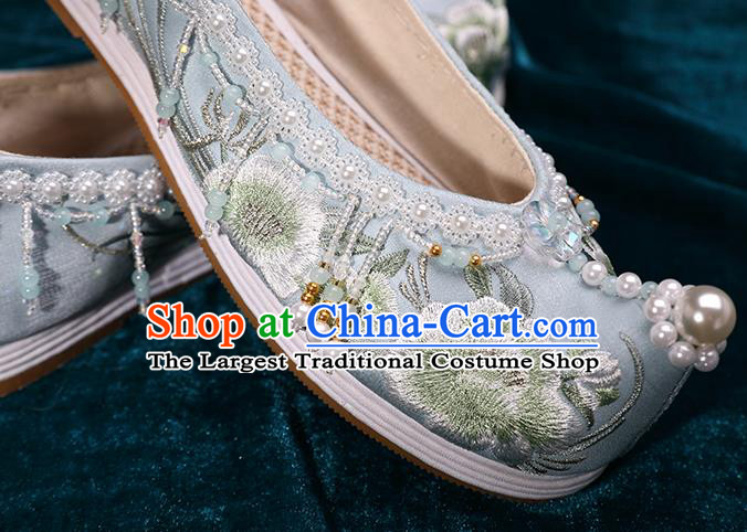 Chinese Hanfu Pearls Shoes Traditional Embroidered Peony Shoes Handmade Blue Satin Shoes