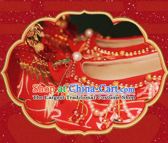 Handmade Chinese Ancient Princess Shoes Traditional Hanfu Red Satin Shoes Embroidered Phoenix Shoes