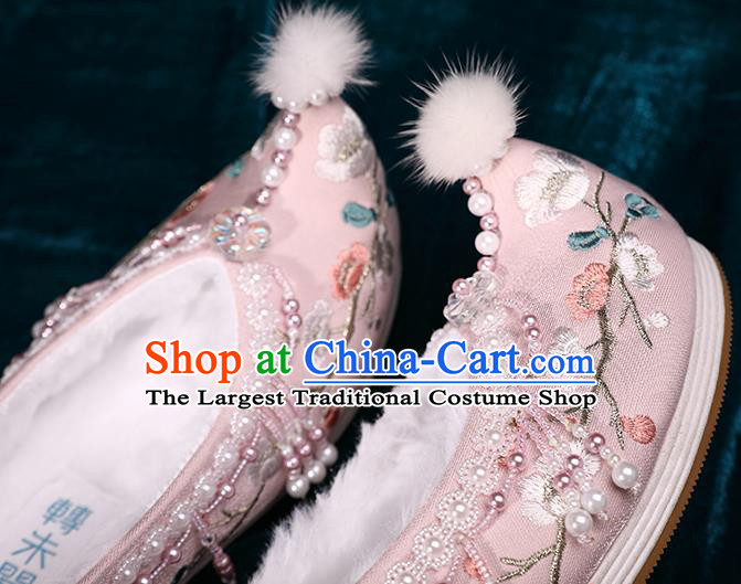 Chinese Handmade Pink Satin Shoes Hanfu Pearls Shoes Traditional Embroidered Plum Blossom Shoes