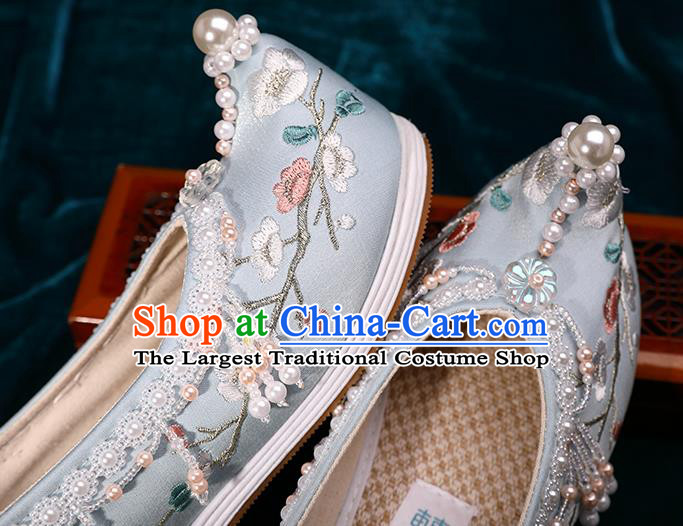 Chinese Traditional Embroidered Plum Blossom Shoes Handmade Light Blue Satin Shoes Hanfu Pearls Shoes