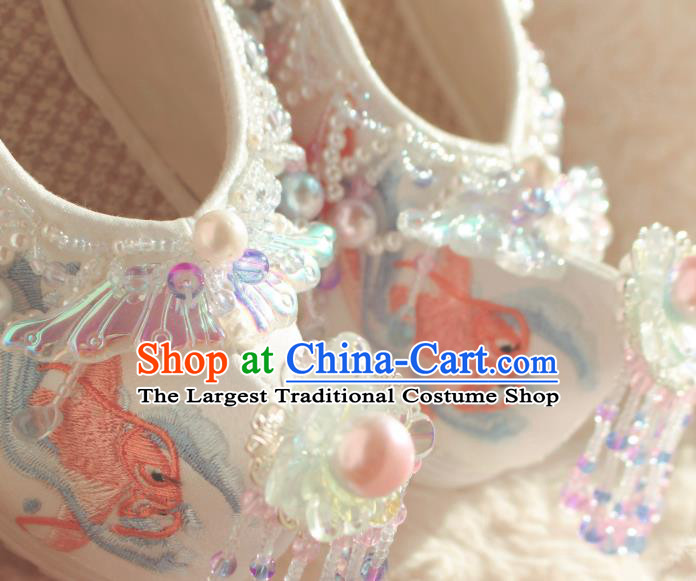Handmade Chinese Traditional Hanfu White Shoes Embroidered Fish Shoes Ancient Princess Shoes