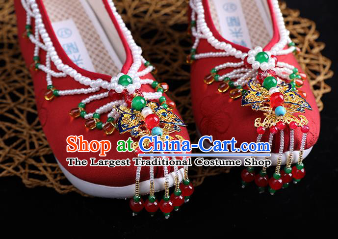 Chinese Handmade Red Cloth Shoes Ancient Princess Shoes Traditional Beads Tassel Shoes