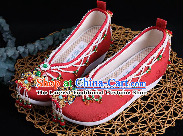 Chinese Handmade Red Cloth Shoes Ancient Princess Shoes Traditional Beads Tassel Shoes