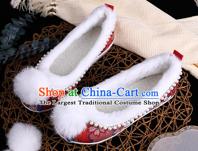 Chinese Ancient Princess Shoes Traditional Hanfu Embroidered Shoes Handmade Wedding Red Brocade Shoes