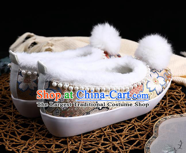 Chinese Traditional Hanfu Winter Shoes Ancient Princess Shoes Handmade Golden Brocade Shoes