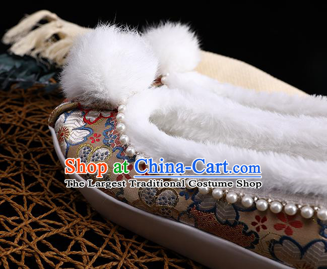 Chinese Traditional Hanfu Winter Shoes Ancient Princess Shoes Handmade Golden Brocade Shoes