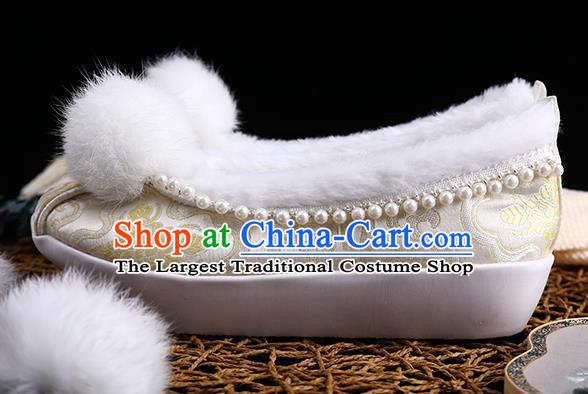 Chinese Ancient Princess Shoes Handmade Beige Brocade Shoes Traditional Hanfu Winter Shoes