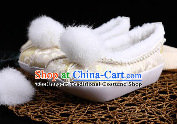 Chinese Ancient Princess Shoes Handmade Beige Brocade Shoes Traditional Hanfu Winter Shoes