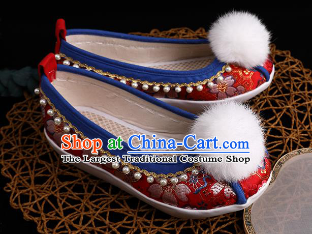 Chinese Ancient Tang Dynasty Palace Lady Shoes Traditional Hanfu Pearls Shoes Handmade Wedding Red Brocade Shoes