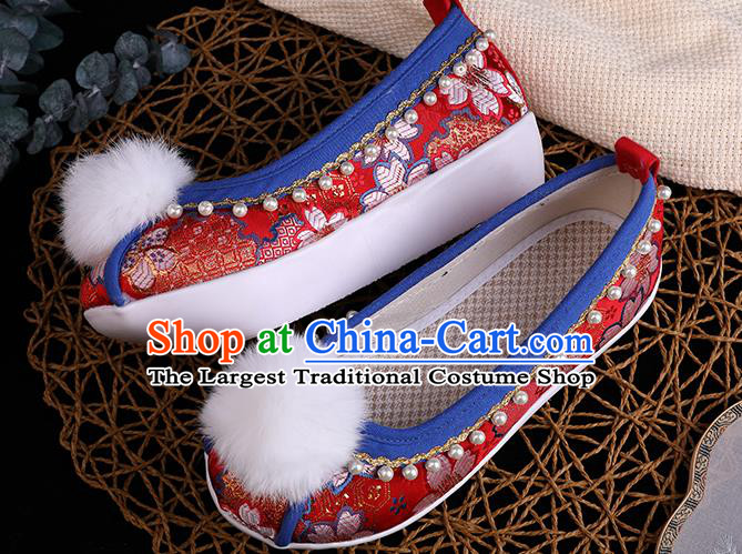 Chinese Ancient Tang Dynasty Palace Lady Shoes Traditional Hanfu Pearls Shoes Handmade Wedding Red Brocade Shoes