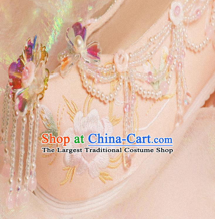 Handmade Chinese Embroidered Peony Shoes Traditional Shoes Ancient Princess Shoes Hanfu Beads Tassel Shoes