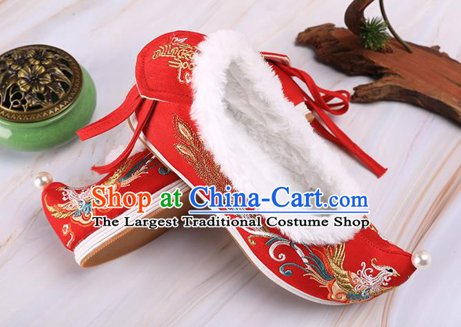 Chinese Traditional Hanfu Shoes Ancient Princess Shoes Handmade Embroidered Phoenix Red Shoes