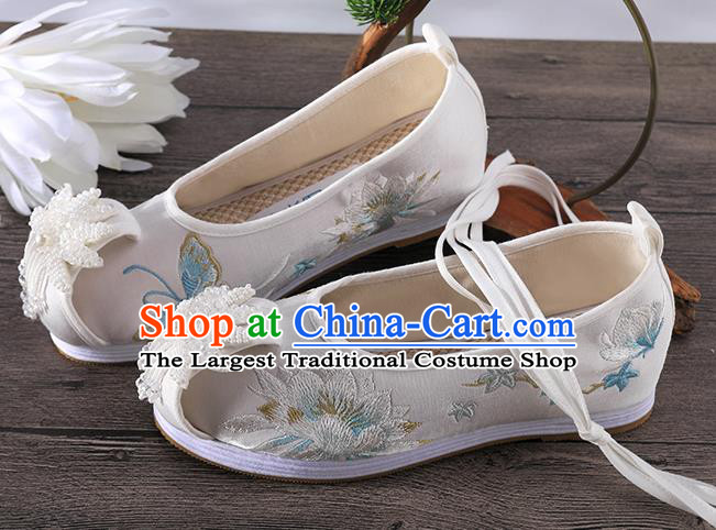 Chinese Embroidered Epiphyllum Shoes Traditional Hanfu White Cloth Shoes Ancient Princess Shoes