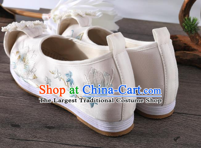 Chinese Embroidered Epiphyllum Shoes Traditional Hanfu White Cloth Shoes Ancient Princess Shoes