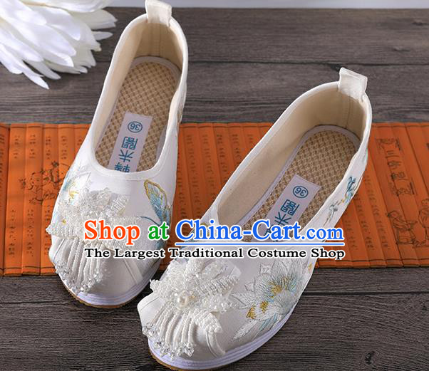 Chinese Embroidered Epiphyllum Shoes Traditional Hanfu White Cloth Shoes Ancient Princess Shoes