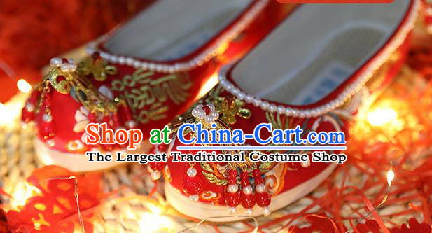 Chinese Embroidered Red Shoes Traditional Hanfu Pearls Shoes Ancient Bride Wedding Shoes