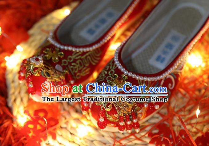 Chinese Embroidered Red Shoes Traditional Hanfu Pearls Shoes Ancient Bride Wedding Shoes