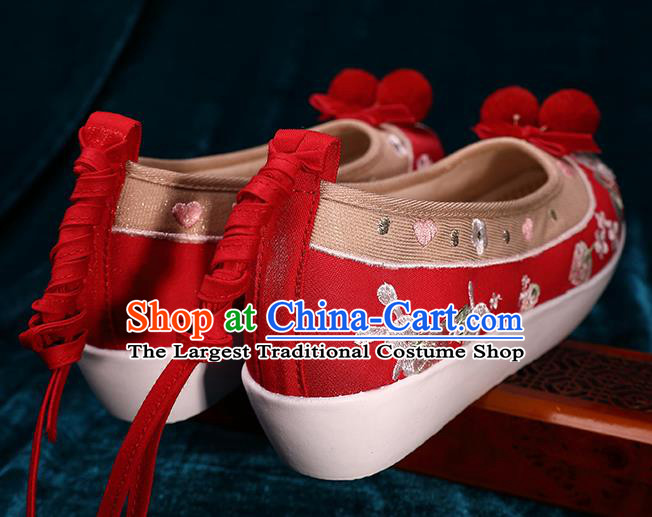 Chinese Traditional Hanfu Shoes Ancient Tang Dynasty Shoes Handmade Embroidered Red Brocade Shoes